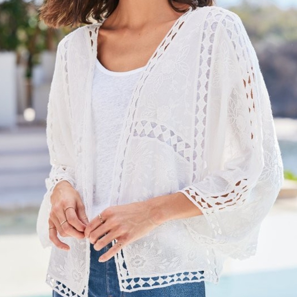 Soft Surroundings Jasmine Lace Crocheted Kimono Open Cardigan Large-XL Cottage